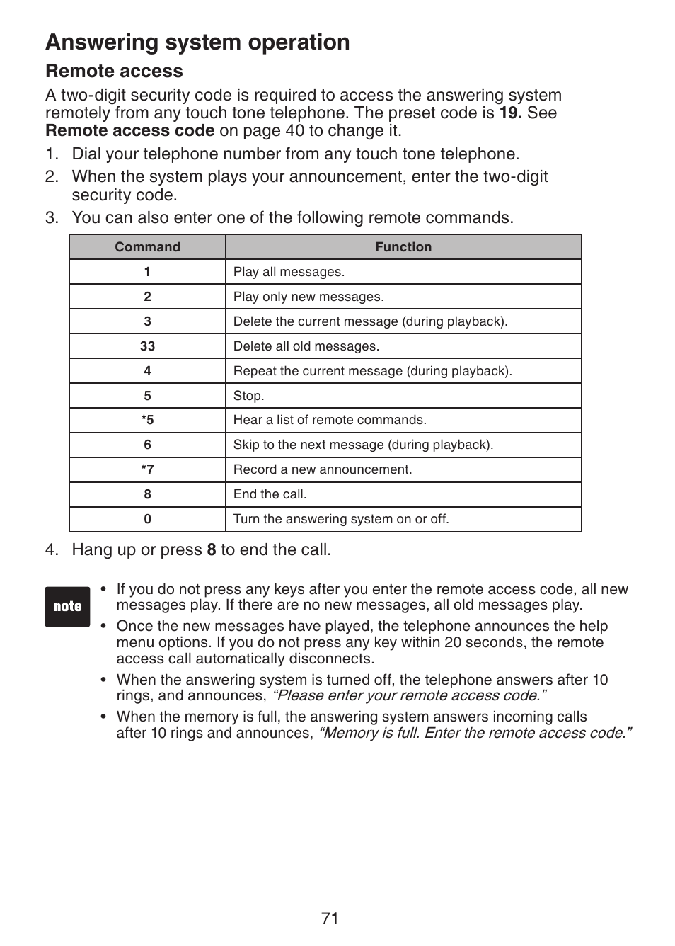 Remote access, Answering system operation | VTech LS6245 User Manual | Page 75 / 104