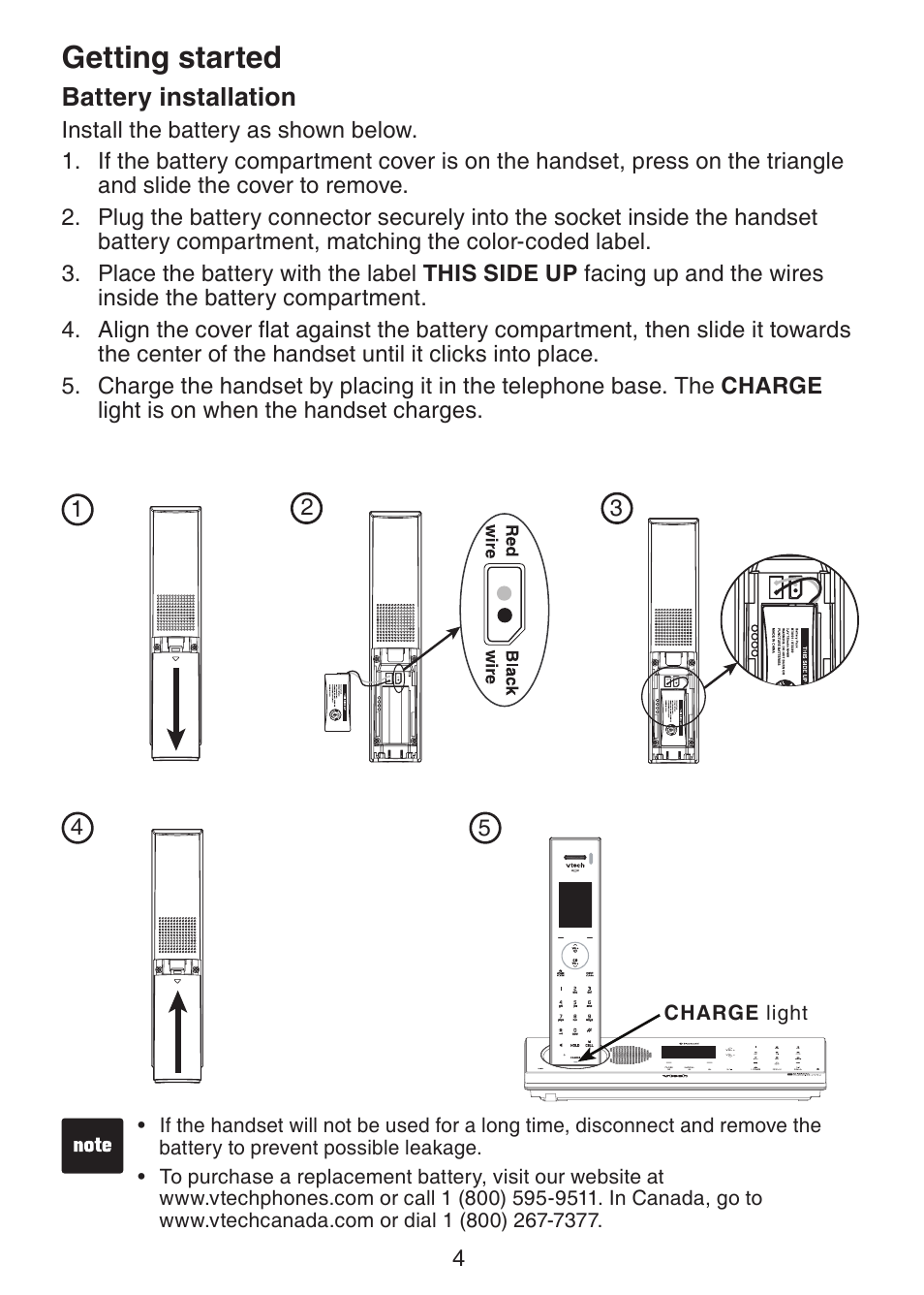 Battery installation, Getting started | VTech LS6245 User Manual | Page 8 / 104