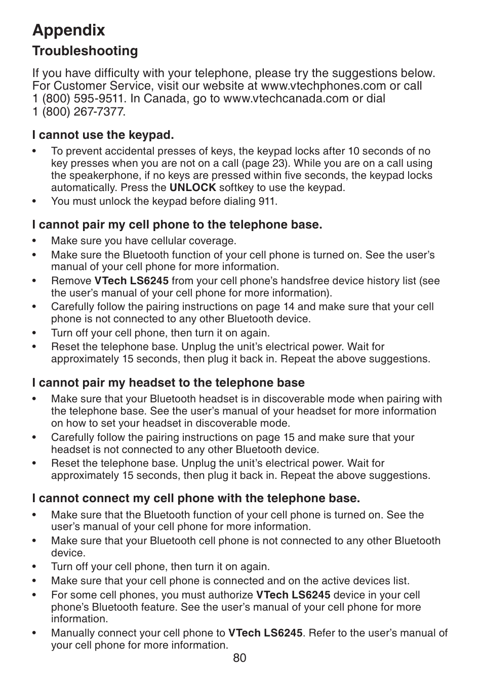 Troubleshooting, Appendix | VTech LS6245 User Manual | Page 84 / 104