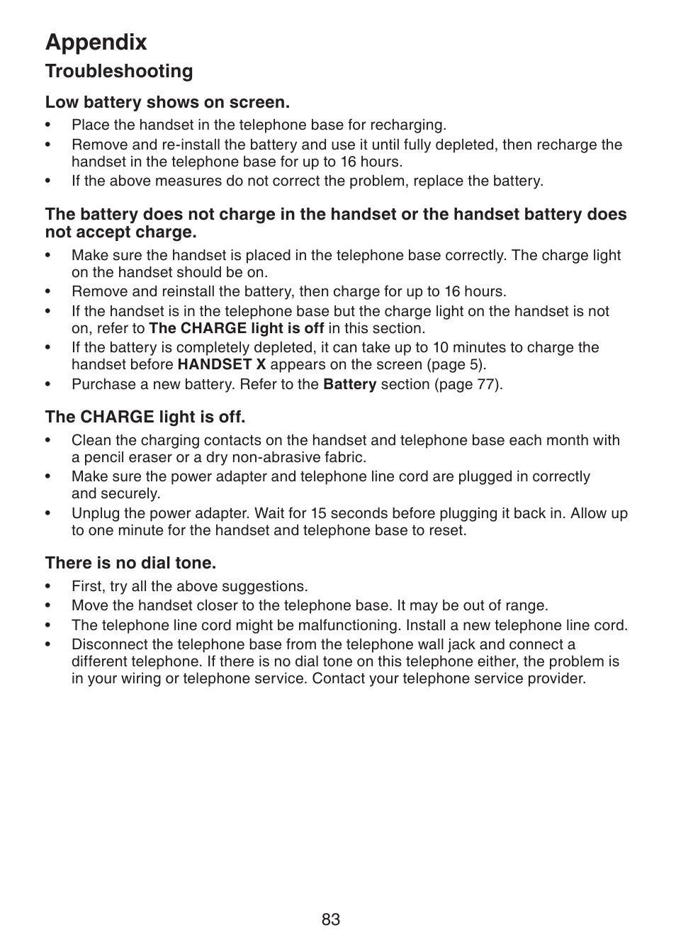 Appendix, Troubleshooting | VTech LS6245 User Manual | Page 87 / 104