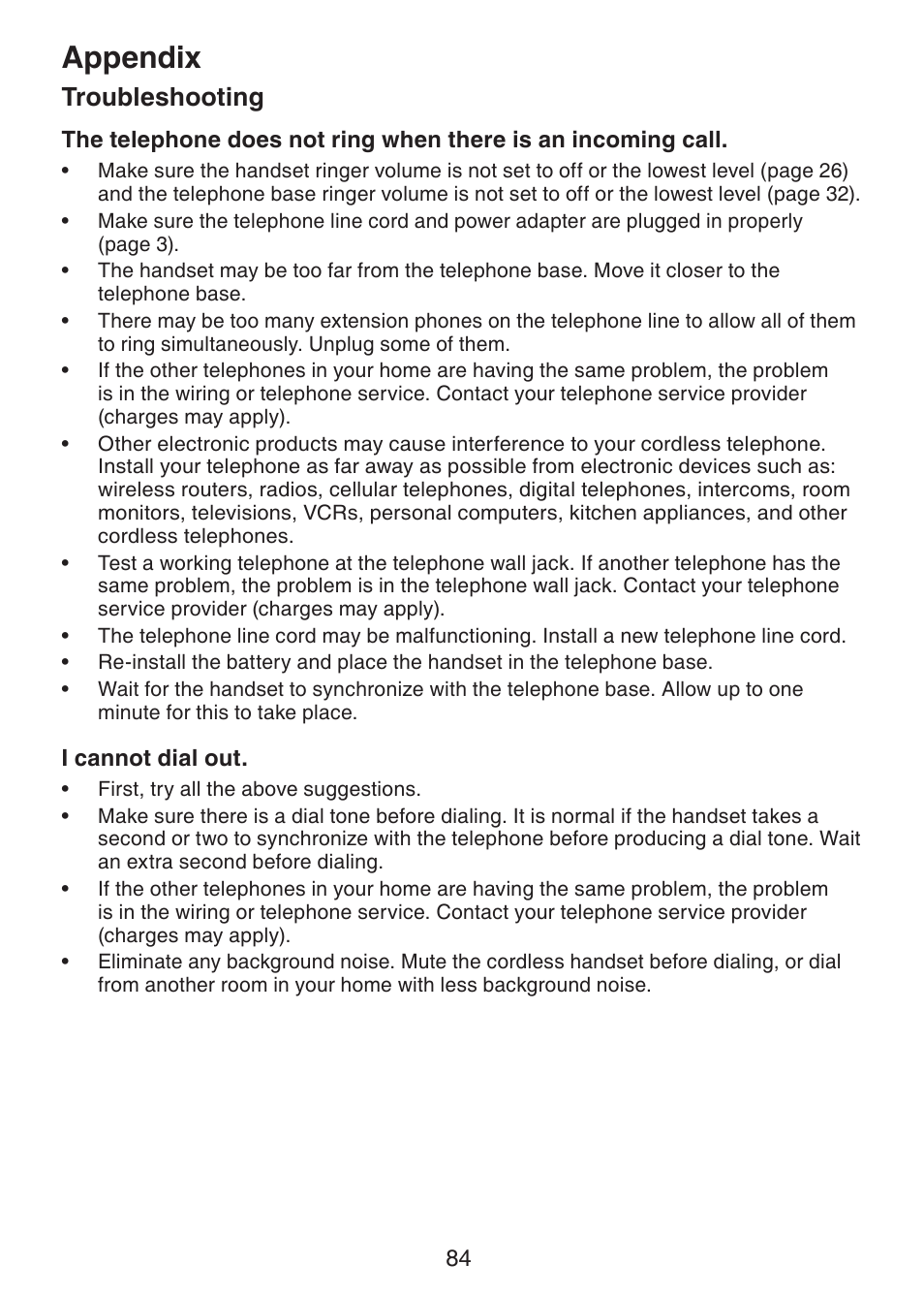 Appendix, Troubleshooting | VTech LS6245 User Manual | Page 88 / 104