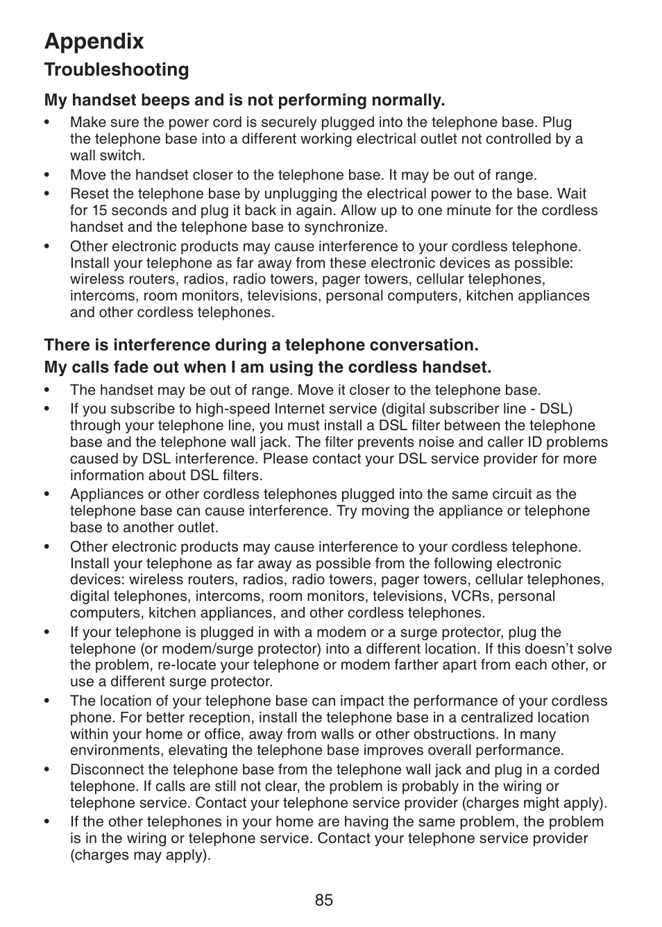 Appendix, Troubleshooting | VTech LS6245 User Manual | Page 89 / 104