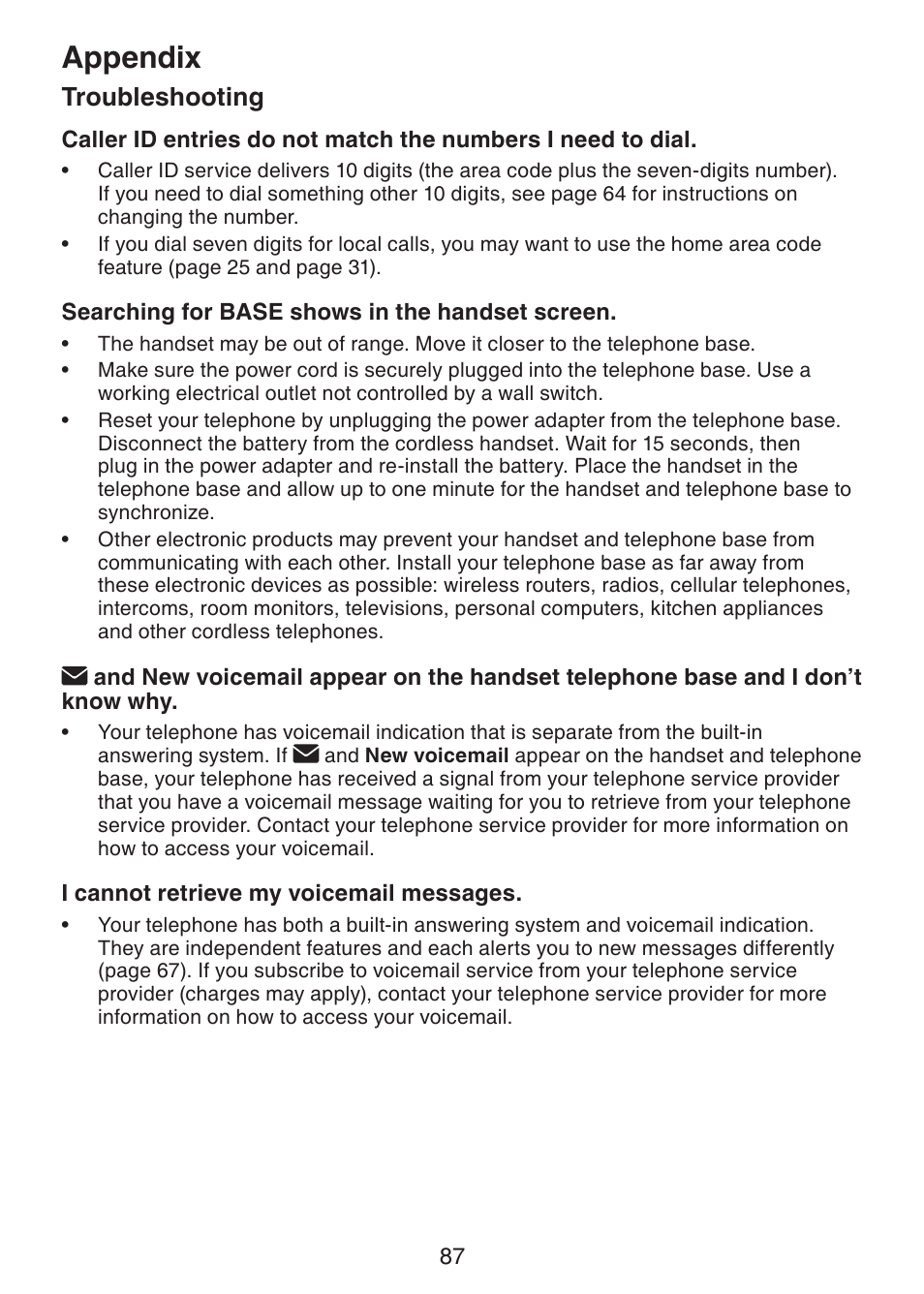 Appendix, Troubleshooting | VTech LS6245 User Manual | Page 91 / 104