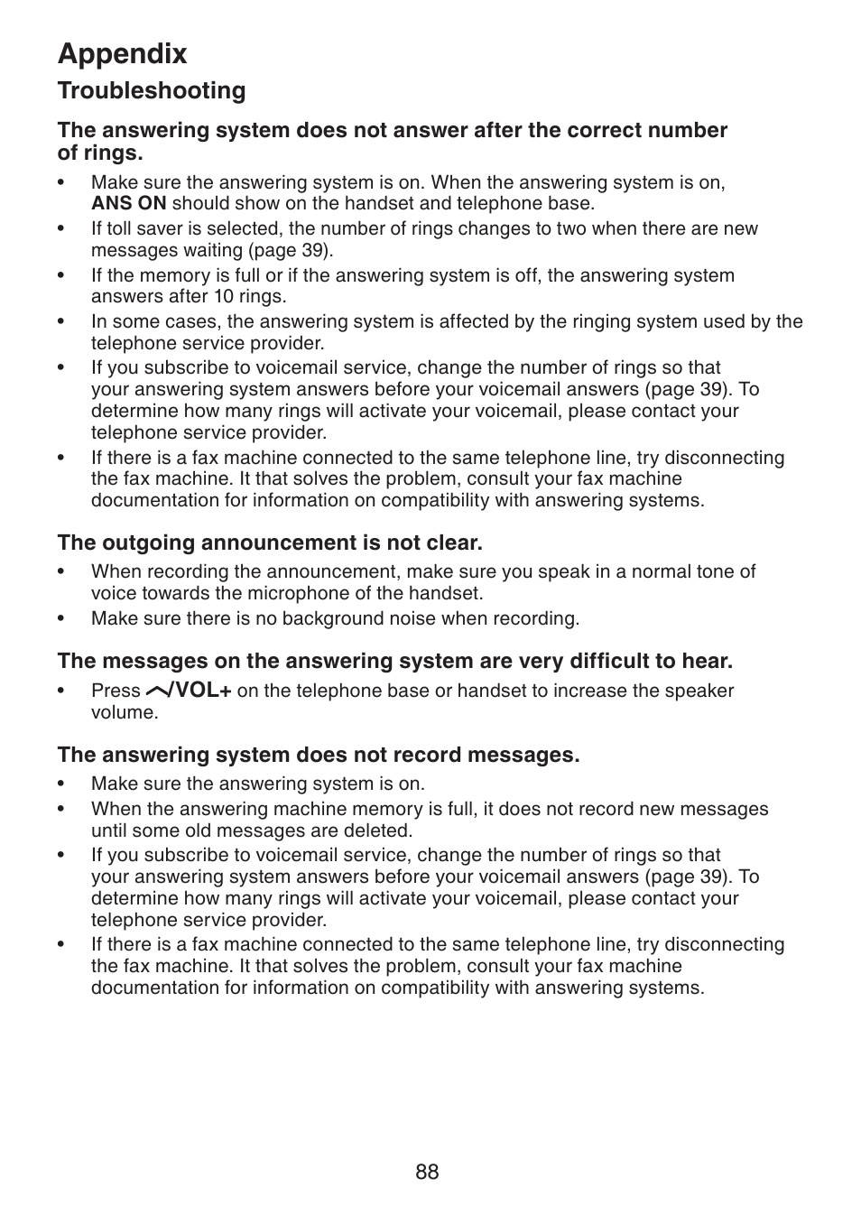 Appendix, Troubleshooting | VTech LS6245 User Manual | Page 92 / 104