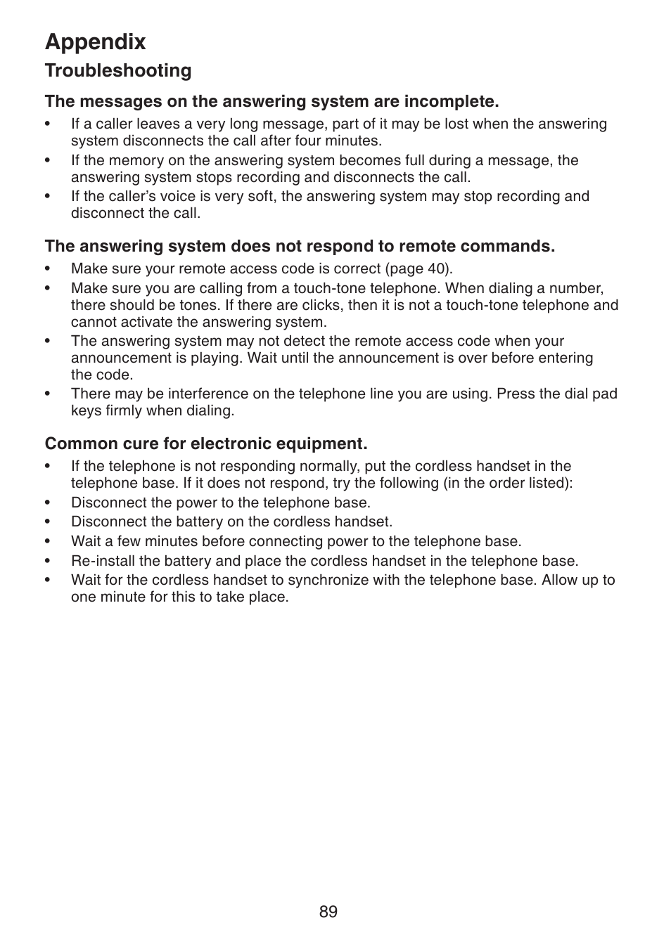 Appendix, Troubleshooting | VTech LS6245 User Manual | Page 93 / 104