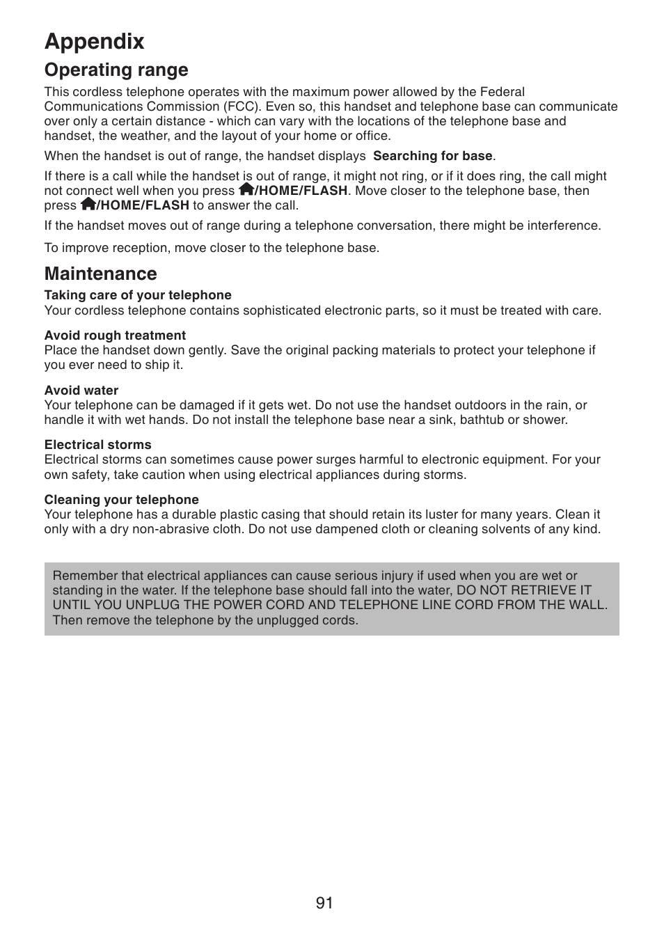 Operating range, Maintenance, Appendix | VTech LS6245 User Manual | Page 95 / 104