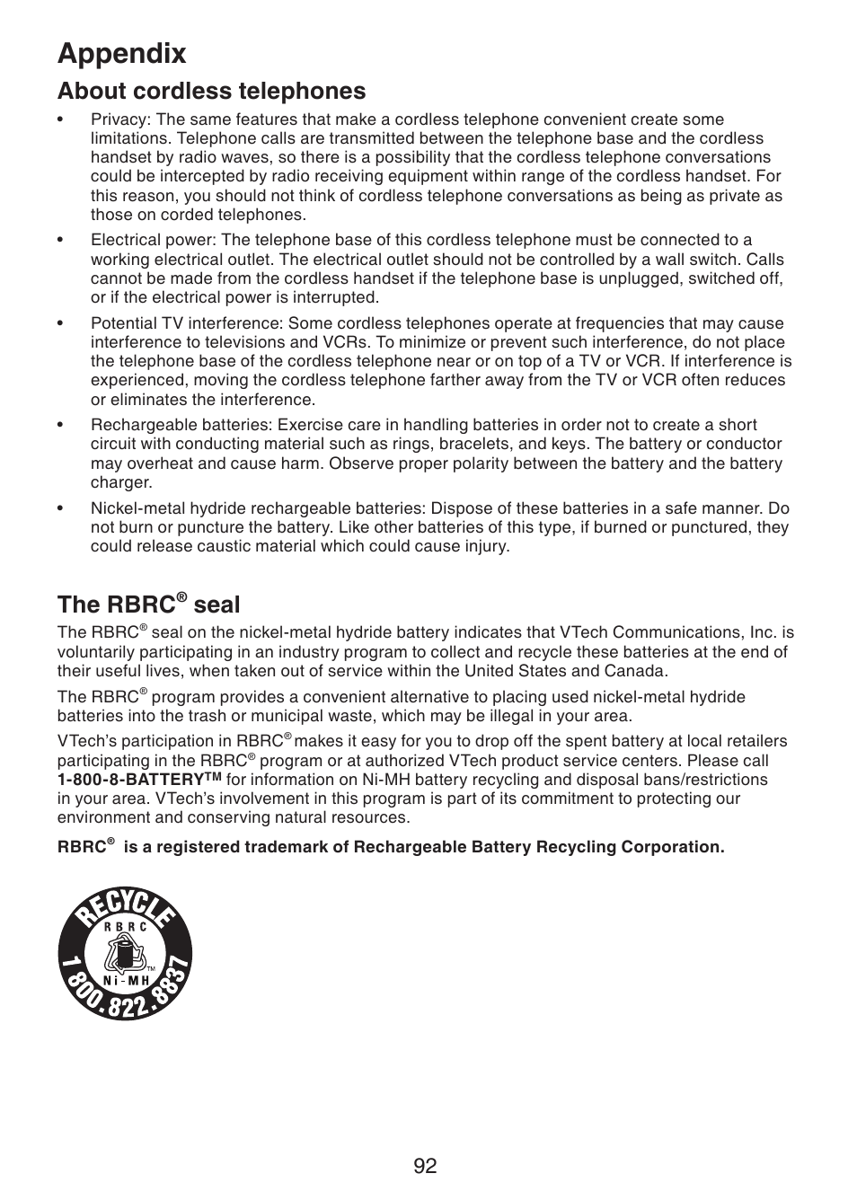 About cordless telephones, The rbrc, Seal | Appendix | VTech LS6245 User Manual | Page 96 / 104