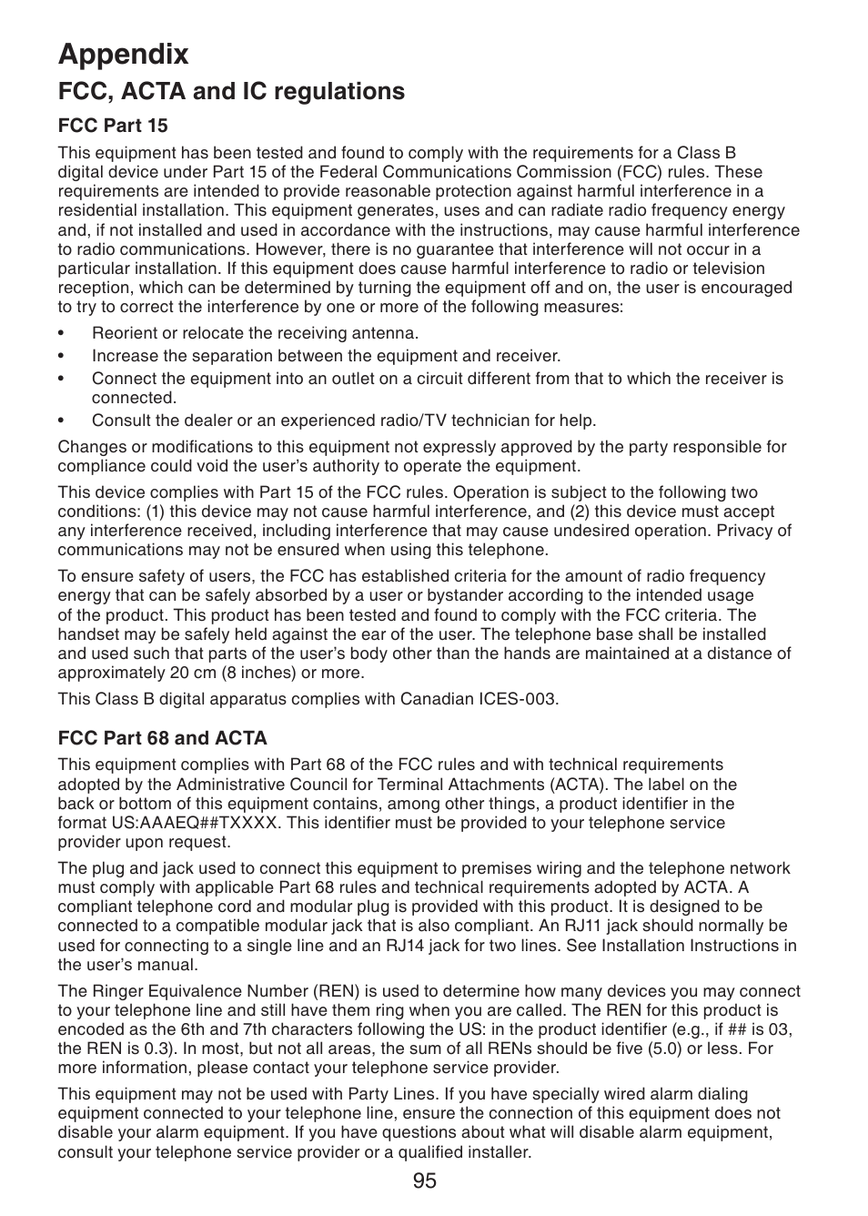 Fcc, acta and ic regulations, Appendix | VTech LS6245 User Manual | Page 99 / 104