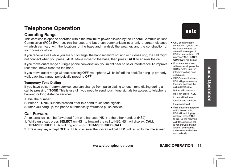Telephone operation, Bas ic o pe ra tio n | VTech t2350 User Manual | Page 11 / 49