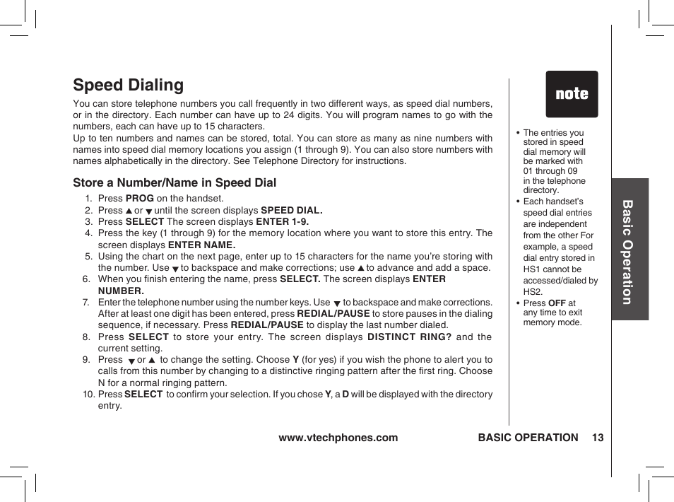 Speed dialing, Bas ic o pe ra tio n | VTech t2350 User Manual | Page 13 / 49