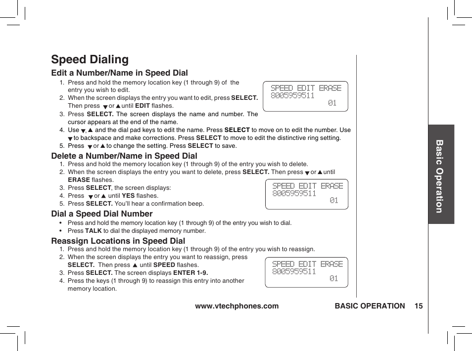 Speed dialing, Bas ic o pe ra tio n | VTech t2350 User Manual | Page 15 / 49