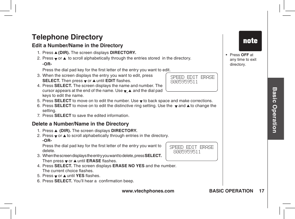 Telephone directory, Bas ic o pe ra tio n | VTech t2350 User Manual | Page 17 / 49