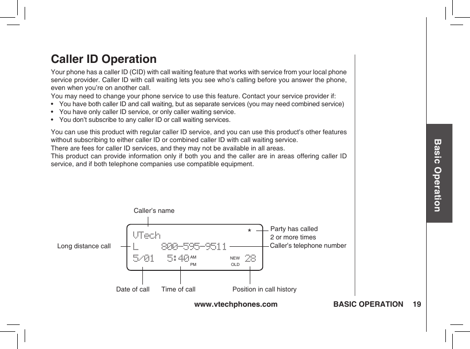 Caller id operation, Bas ic o pe ra tio n | VTech t2350 User Manual | Page 19 / 49
