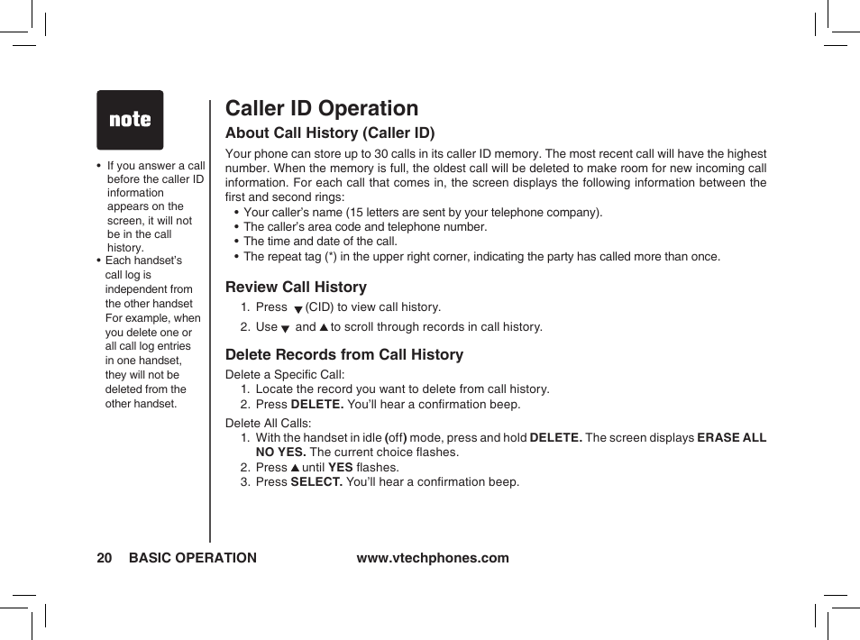 Caller id operation | VTech t2350 User Manual | Page 20 / 49