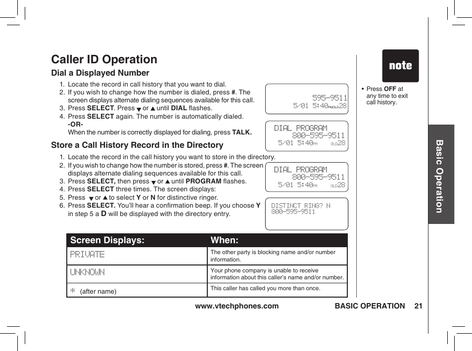 Caller id operation, Bas ic o pe ra tio n, Screen displays: when | VTech t2350 User Manual | Page 21 / 49