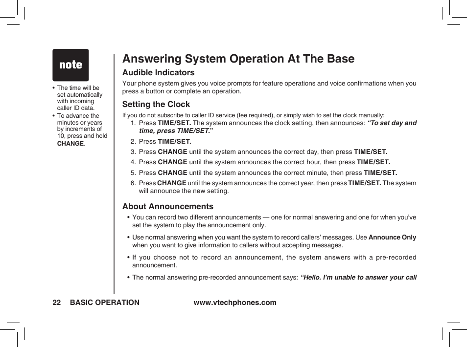 Answering system operation at the base | VTech t2350 User Manual | Page 22 / 49