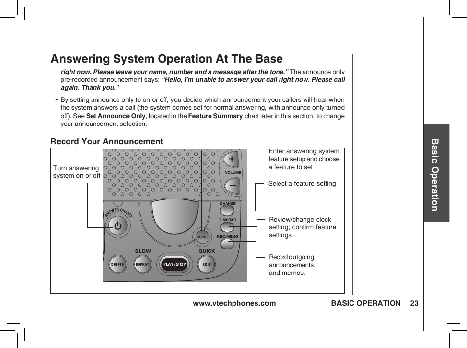 Answering system operation at the base | VTech t2350 User Manual | Page 23 / 49