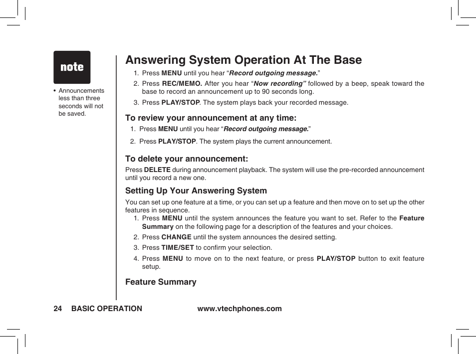 Answering system operation at the base | VTech t2350 User Manual | Page 24 / 49