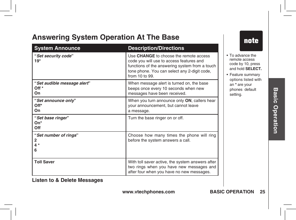 Answering system operation at the base, Bas ic o pe ra tio n | VTech t2350 User Manual | Page 25 / 49