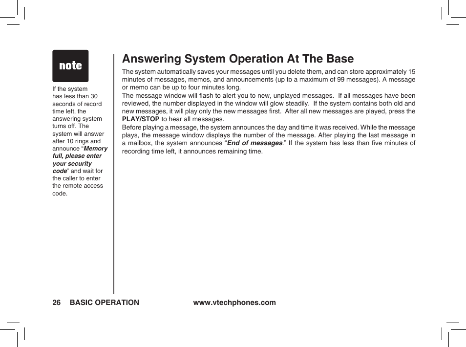 Answering system operation at the base | VTech t2350 User Manual | Page 26 / 49