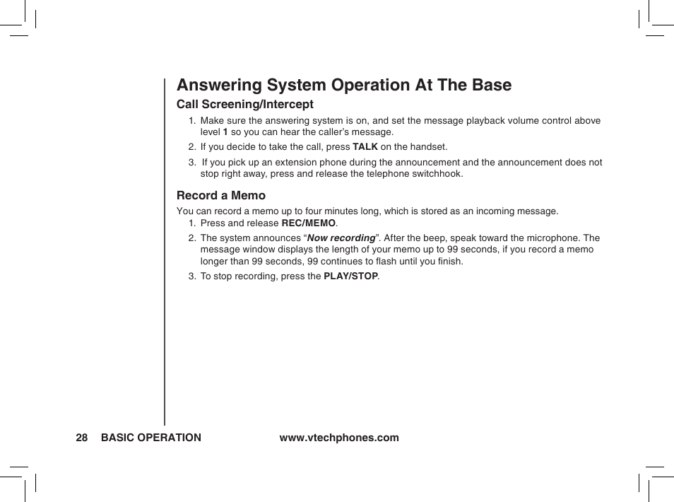 Answering system operation at the base | VTech t2350 User Manual | Page 28 / 49