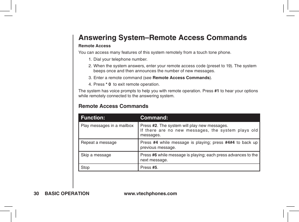 Answering system–remote access commands | VTech t2350 User Manual | Page 30 / 49