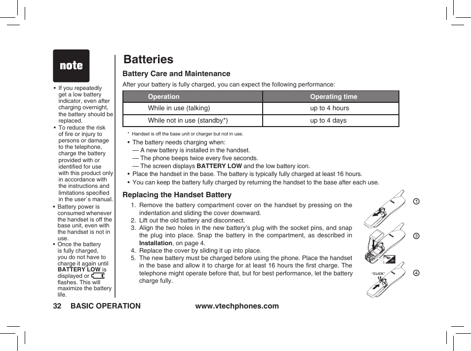 Batteries | VTech t2350 User Manual | Page 32 / 49