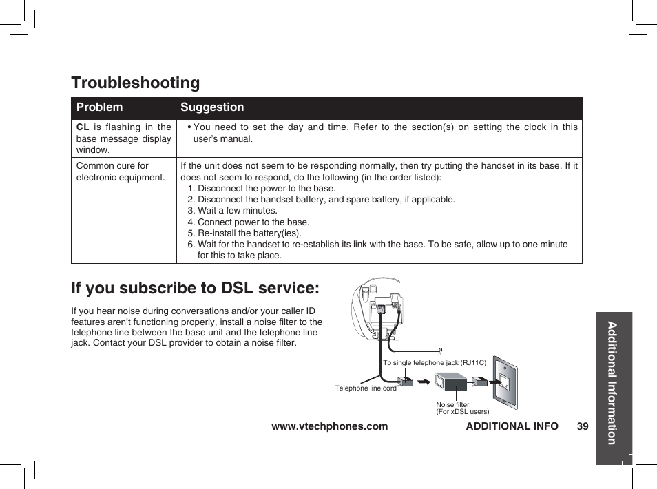 Troubleshooting if you subscribe to dsl service | VTech t2350 User Manual | Page 39 / 49