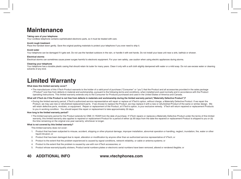 Maintenance limited warranty | VTech t2350 User Manual | Page 40 / 49