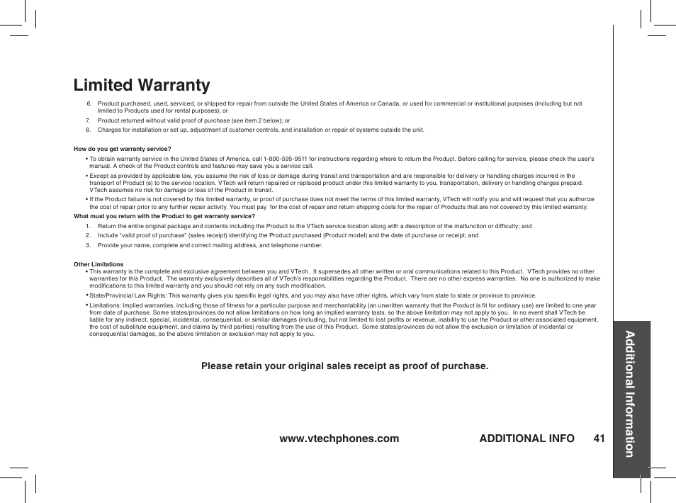 Limited warranty, Additional information, Additional info | VTech t2350 User Manual | Page 41 / 49