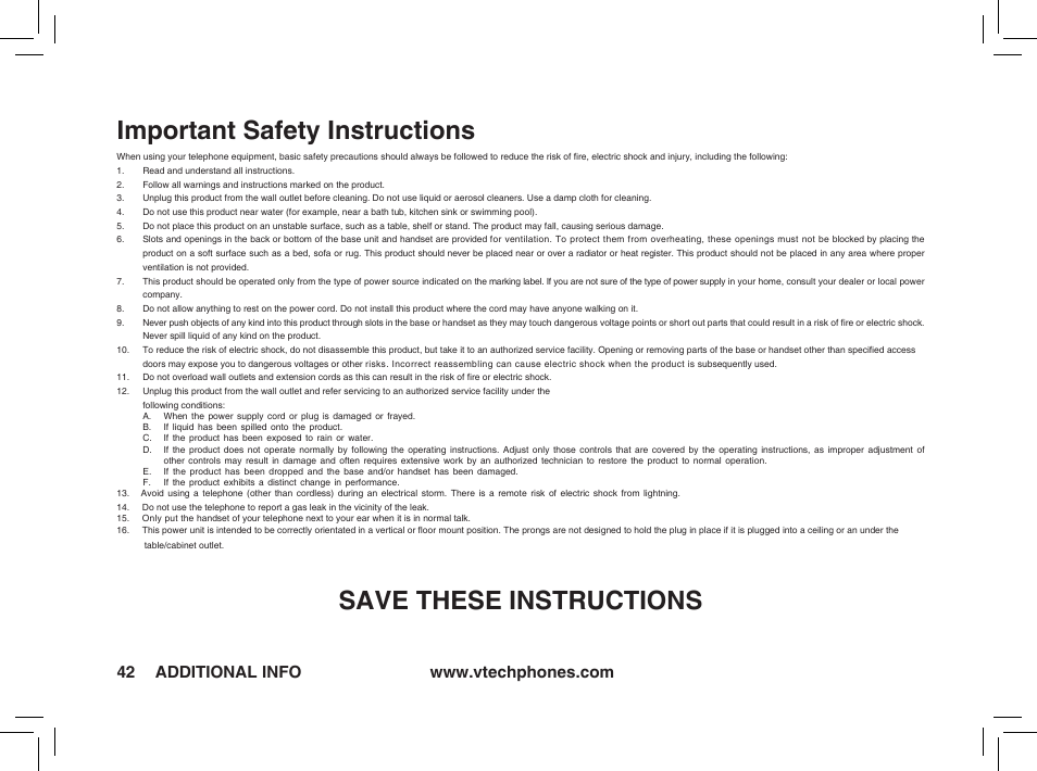 Important safety instructions, Save these instructions | VTech t2350 User Manual | Page 42 / 49