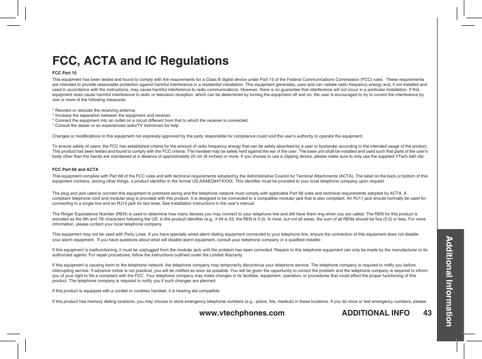 Fcc, acta and ic regulations, Additional information, Additional info | VTech t2350 User Manual | Page 43 / 49