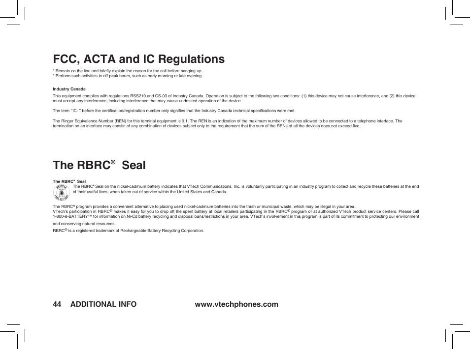 Fcc, acta and ic regulations, The rbrc seal | VTech t2350 User Manual | Page 44 / 49