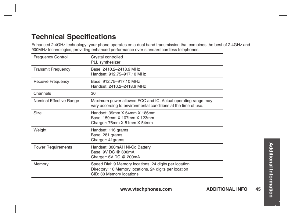 Technical specifications | VTech t2350 User Manual | Page 45 / 49