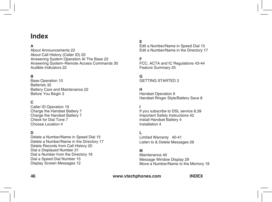 Index | VTech t2350 User Manual | Page 46 / 49