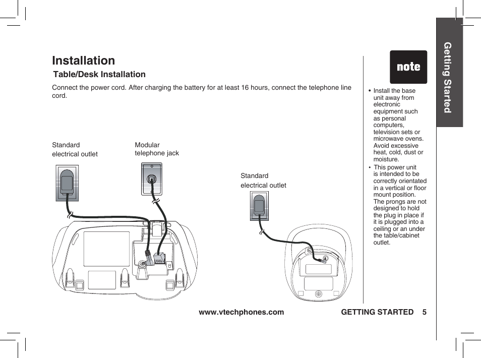 Installation, Gett in g s ta rte d | VTech t2350 User Manual | Page 5 / 49