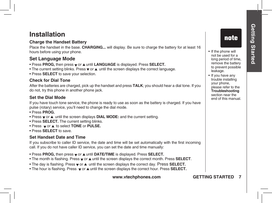 Installation, Gett in g s ta rte d | VTech t2350 User Manual | Page 7 / 49