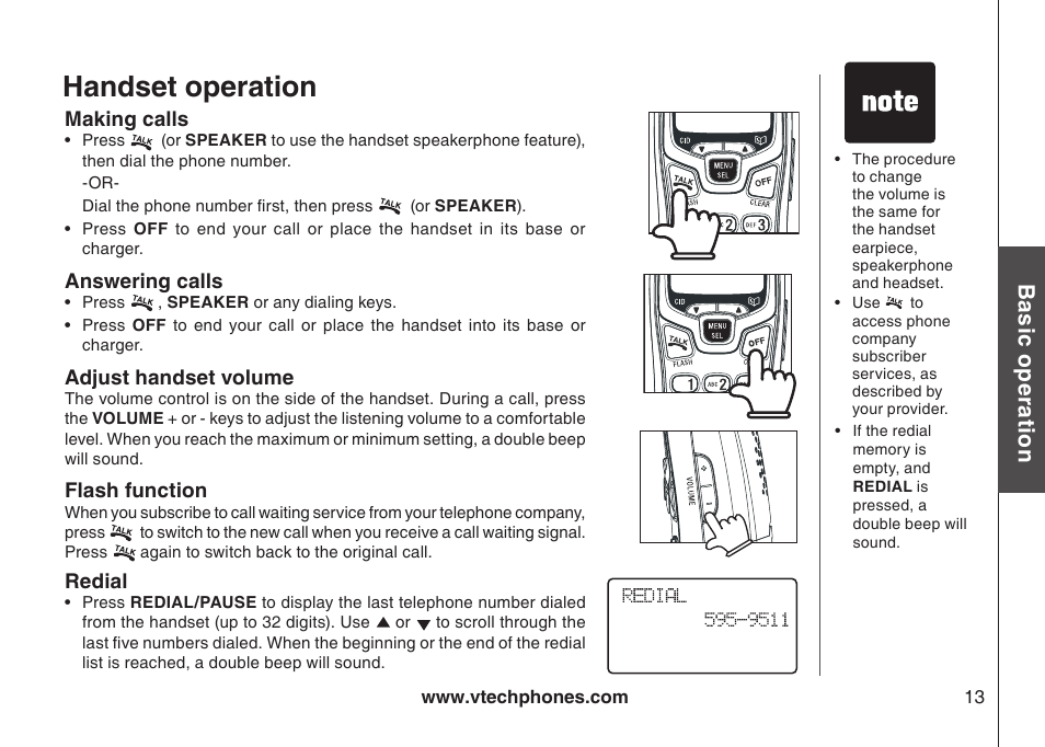 Handset operation, Bas ic o pe ra tio n | VTech i6775 User Manual | Page 14 / 58