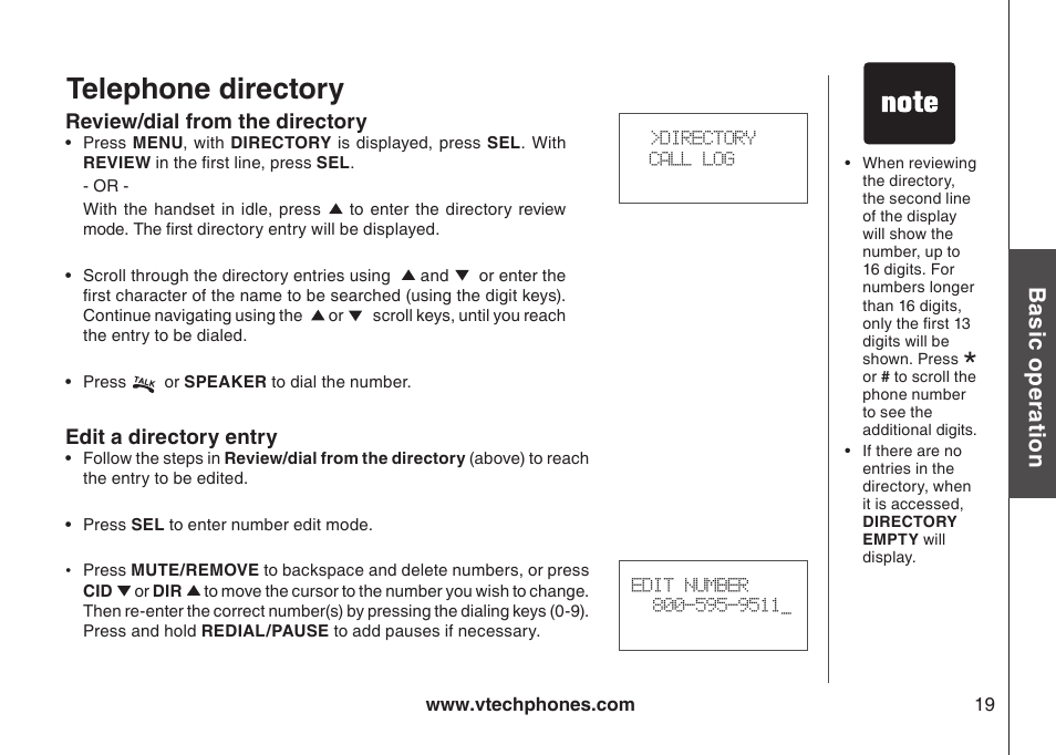 Telephone directory, Bas ic o pe ra tio n | VTech i6775 User Manual | Page 20 / 58