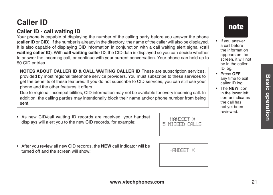 Caller id, Bas ic o pe ra tio n | VTech i6775 User Manual | Page 22 / 58