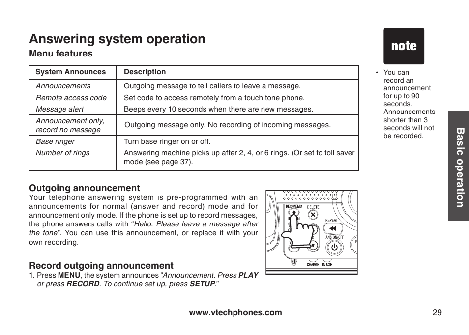 Answering system operation, Bas ic o pe ra tio n | VTech i6775 User Manual | Page 30 / 58