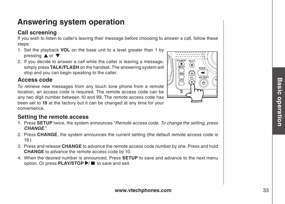 Answering system operation, Bas ic o pe ra tio n | VTech i6775 User Manual | Page 34 / 58