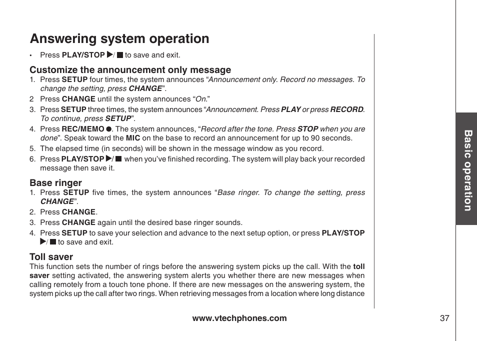 Answering system operation, Bas ic o pe ra tio n | VTech i6775 User Manual | Page 38 / 58