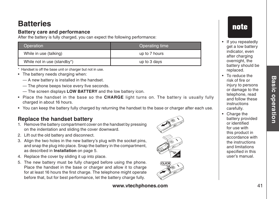 Batteries, Bas ic o pe ra tio n | VTech i6775 User Manual | Page 42 / 58