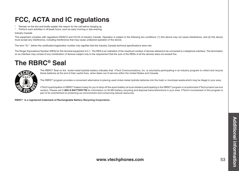 Fcc, acta and ic regulations, The rbrc, Seal | Additional information | VTech i6775 User Manual | Page 54 / 58