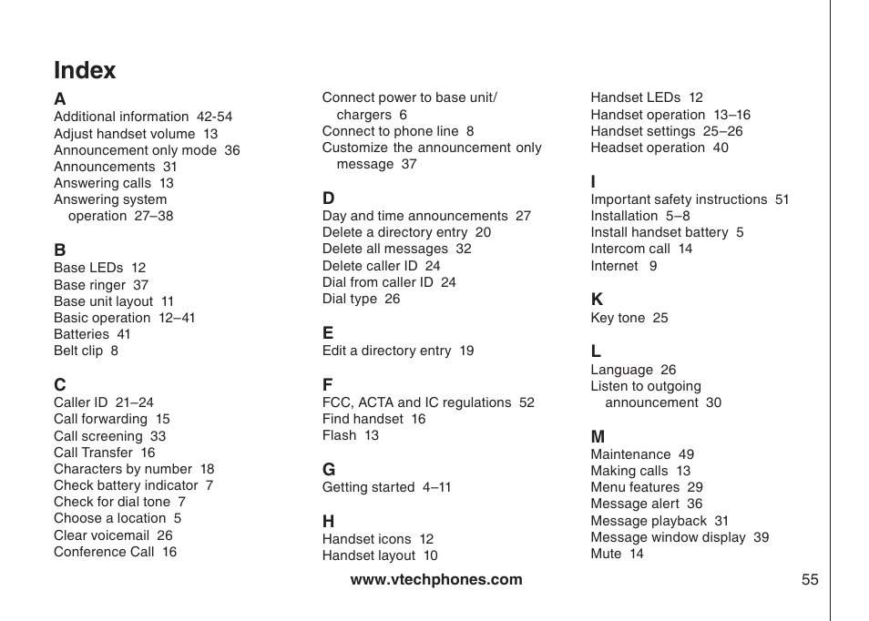 Index | VTech i6775 User Manual | Page 56 / 58