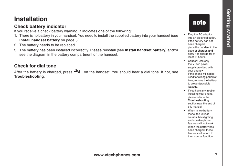 Installation, Gett in g s ta rte d, Check battery indicator | Check for dial tone | VTech i6775 User Manual | Page 8 / 58