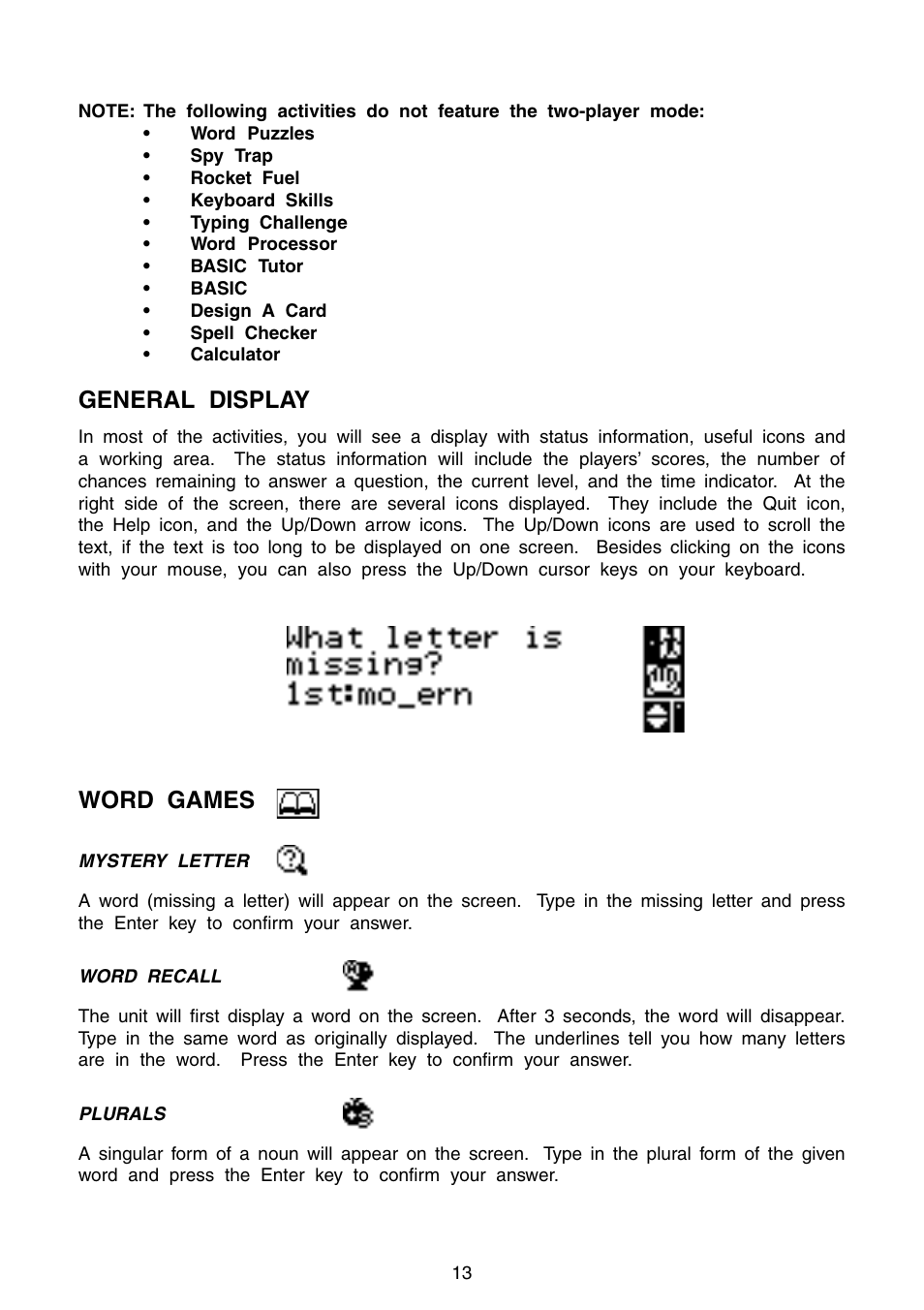 General display, Word games | VTech Precomputer Power Pad Plus User Manual | Page 17 / 88