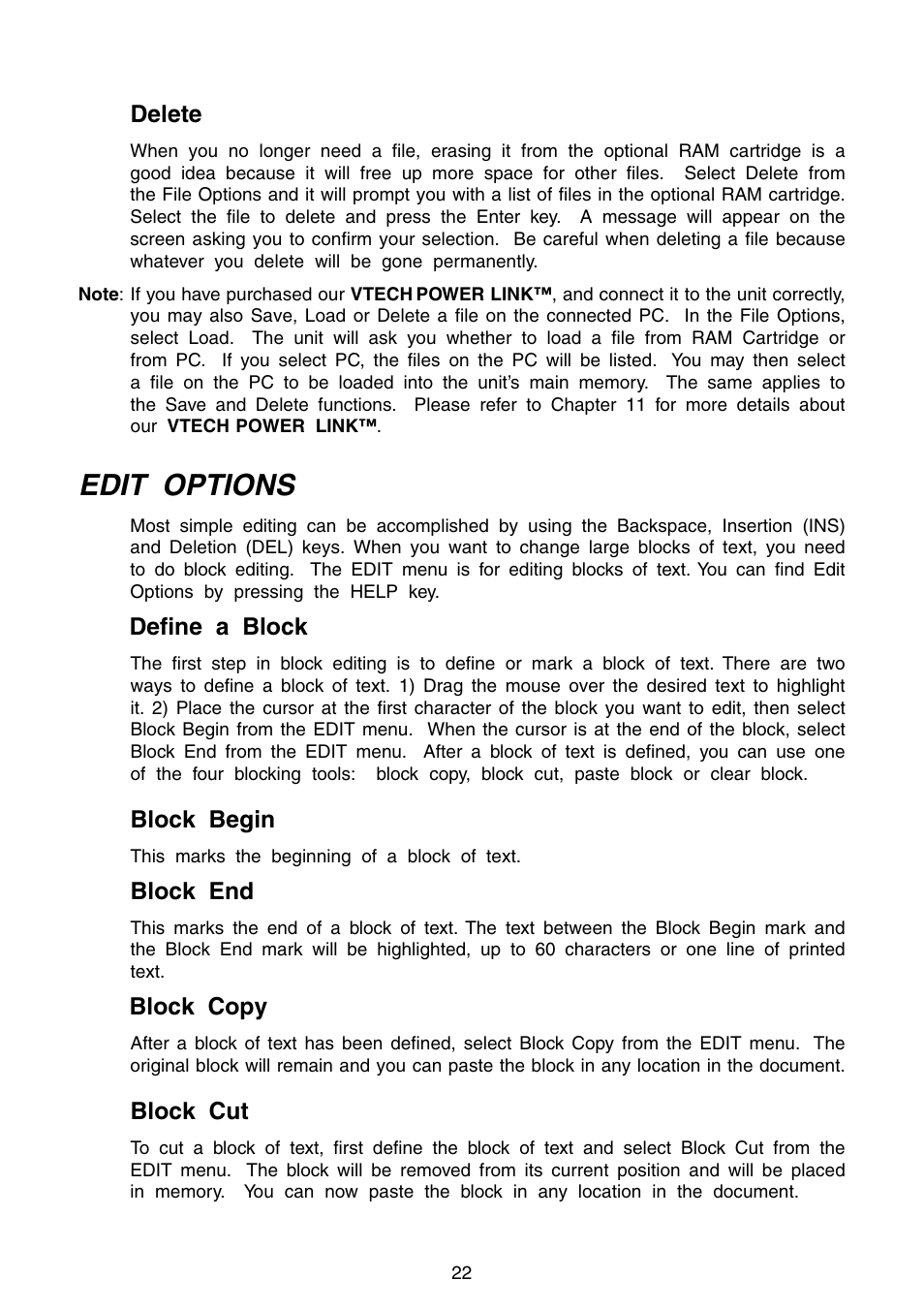 Edit options, Delete, Define a block | Block begin, Block end, Block copy, Block cut | VTech Precomputer Power Pad Plus User Manual | Page 26 / 88