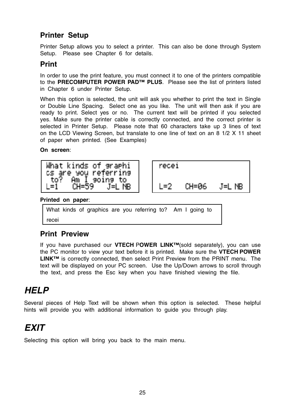 Help, Exit, Printer setup | Print, Print preview | VTech Precomputer Power Pad Plus User Manual | Page 29 / 88